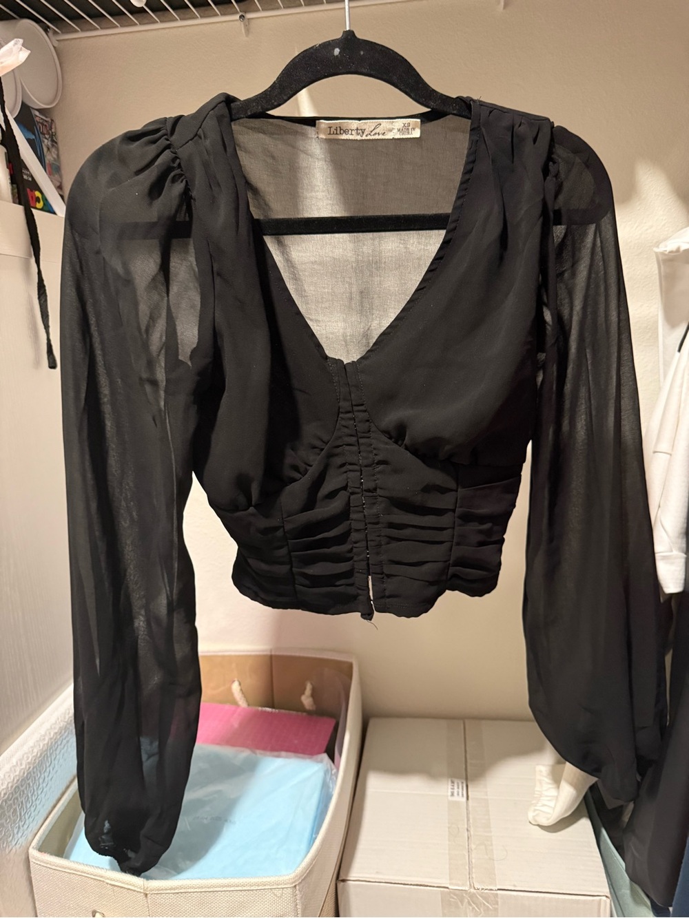 Liberty Love Black Sheer Long-Sleeve Ruched Crop Top